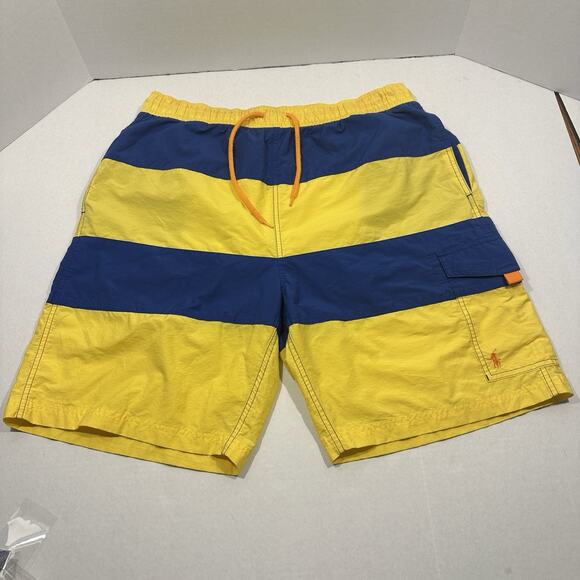 Vintage Polo Ralph Lauren Swim Trunks Men L Blue Yellow Stripe Cargo Board Short - Picture 1 of 12